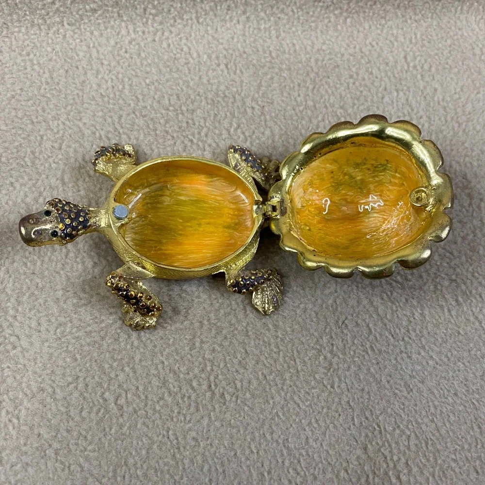 Sparkling Crystal Turtle Jewelry Trinket Box Hinged Gold Tone Enamel Gem Eye New